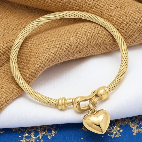 🆕️18K Gold Plated Dainty Cable Bangle Bracelet With Heart Charm Stainless Steel - Picture 5 of 11